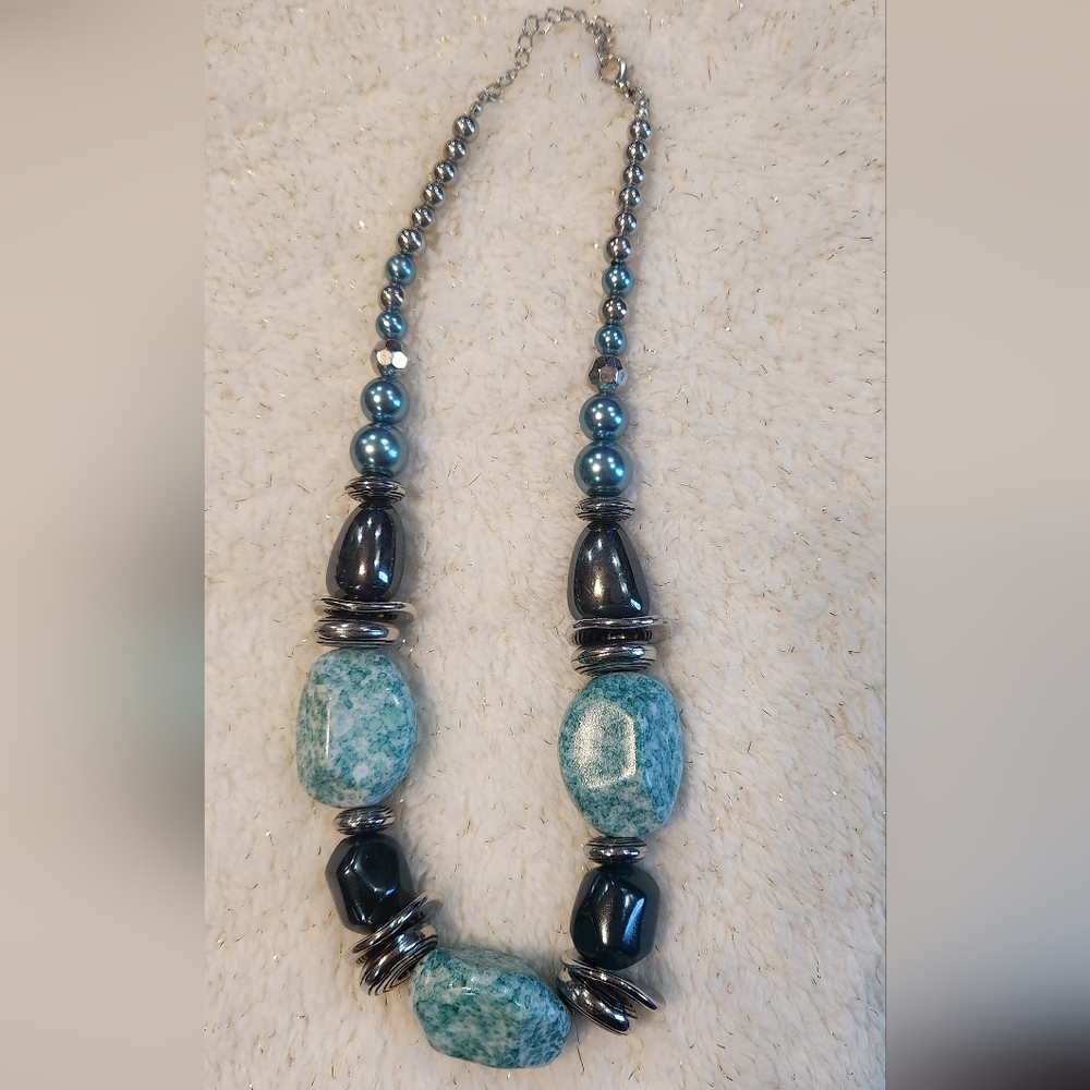 Silver necklace with Turquoise,  Metallic Dark Green/Teal and Silver beads